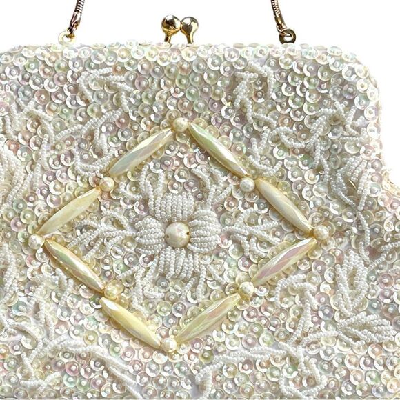Vintage Opalescent Sequin Seed Bead Kisslock Snake Chain Evening Frame Purse - Picture 6 of 16